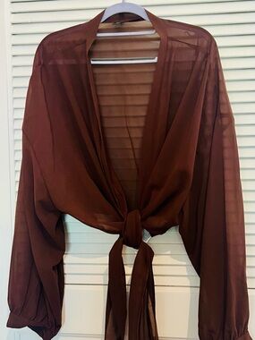 Sheer Tie-Front Wrap Shrug- Burgundy 4X.